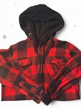 FWRD Denim Boys Size 7 Red Black Buffalo Plaid Hooded Flannel Shirt